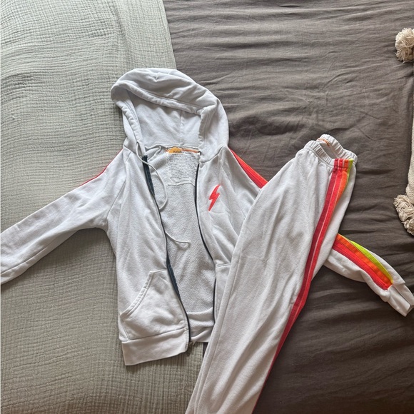Aviator Nation white sweatpant and zip up hoodie set with neon stripes - Picture 1 of 7